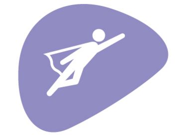 Vor einer violetten organischen Form liegt ein weißes fliegendes Superheldenfigürchen mit Cape