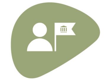 Vor einer organischen olivfarbenen Form liegt ein weißes Personensymbol mit einer Flagge, in der ein klassizistisches Gebäude abgebildet ist